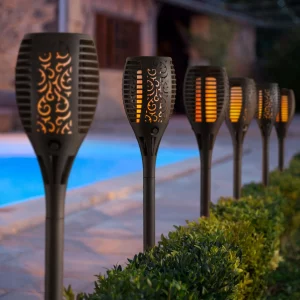 LED-es szolár lámpa - leszúrható - lángeffekt - 12 sárga LED - műanyag - fekete - 10 x 58 cm Garden of Eden 11262C