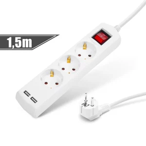 Elosztó 3-as - 3 x 1,5 mm - 1,5 m - 2 x USB-vel - kapcsolós Delight 20221U