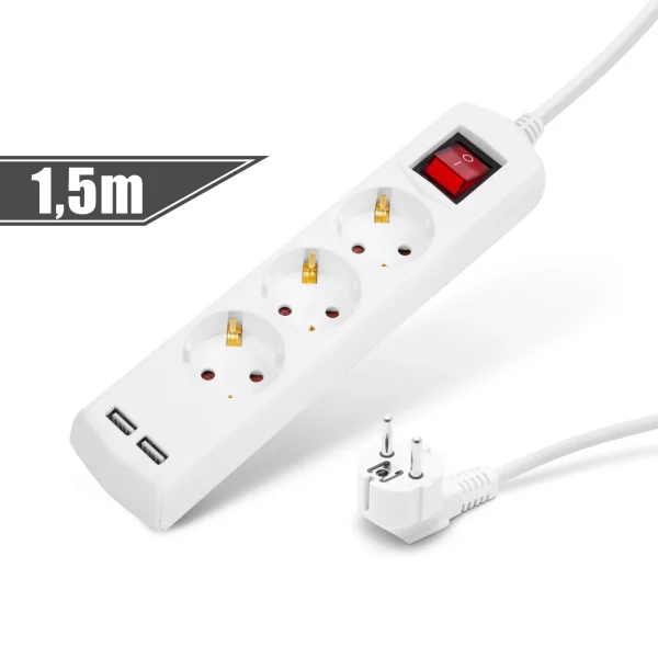 Elosztó 3-as - 3 x 1,5 mm - 1,5 m - 2 x USB-vel - kapcsolós Delight 20221U