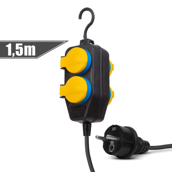 Kültéri elosztó fedéllel - 1,5 m - 4 x 230V - 3 x 1,5 mm2, gumi - IP44 Delight 20223D