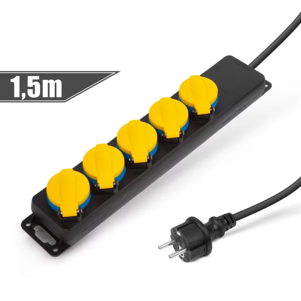 Kültéri elosztó fedéllel - 1,5 m - 5 x 230V - 3 x 1,5 mm2, gumi - IP44 Delight 20223E