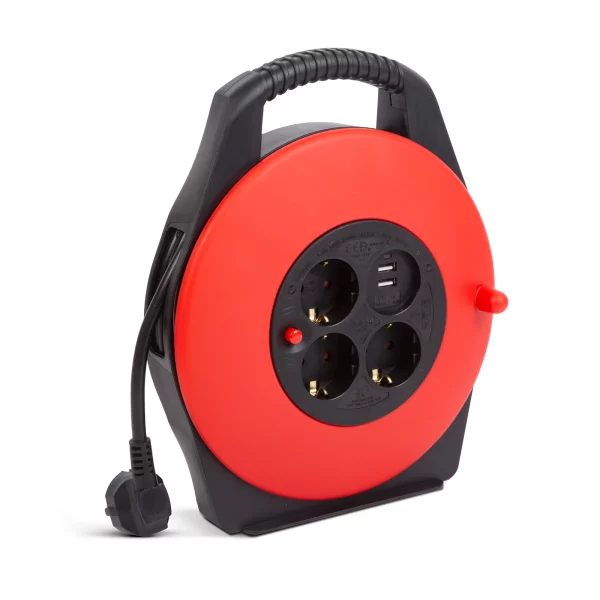 Kábeldob műanyag tartóval - 3 x 1,5 mm² - 2 x USB - 10 m Delight 20239