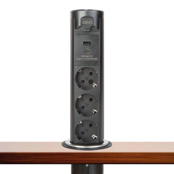 Motoros rejtett elosztó - "Touchcontrol" - 3-as + USB + Type-C - fekete Delight 20453B