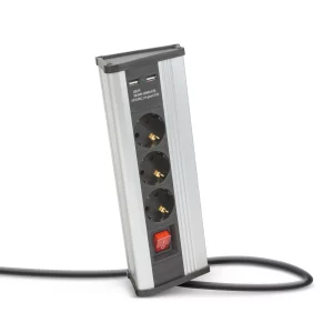 Sarokelosztó - kapcsolós - 3 x 250V, 16A - 2 x USB, 2,1A - alumínium ház Delight 20483S