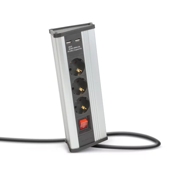 Sarokelosztó - kapcsolós - 3 x 250V, 16A - 2 x USB, 2,1A - alumínium ház Delight 20483S