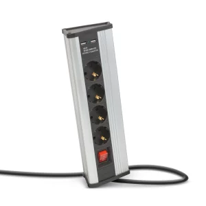 Sarokelosztó - kapcsolós - 4 x 250V, 16A - 2 x USB, 2,1A - alumínium ház Delight 20484S