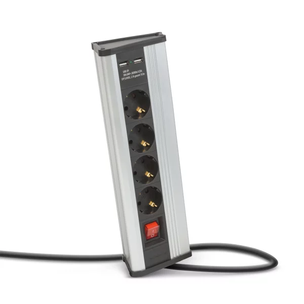 Sarokelosztó - kapcsolós - 4 x 250V, 16A - 2 x USB, 2,1A - alumínium ház Delight 20484S