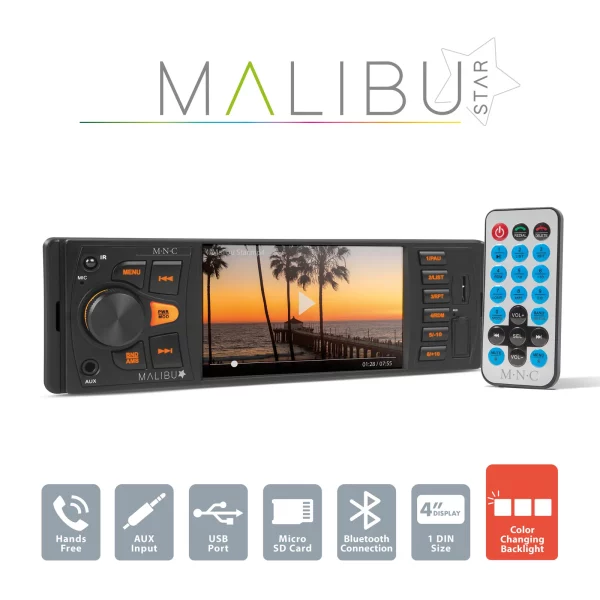 Multimédiás fejegység "Malibu Star" - 1 DIN - 4 x 50 W - BT - MP3 - AUX - SD - USB MNC 39751