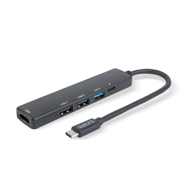 Multifunkciós USB Hub - HDMI + Type-C 3.0 - 3xUSB-A, 1xType-C - 5 Gbps, 100 W - fekete Delight 55064