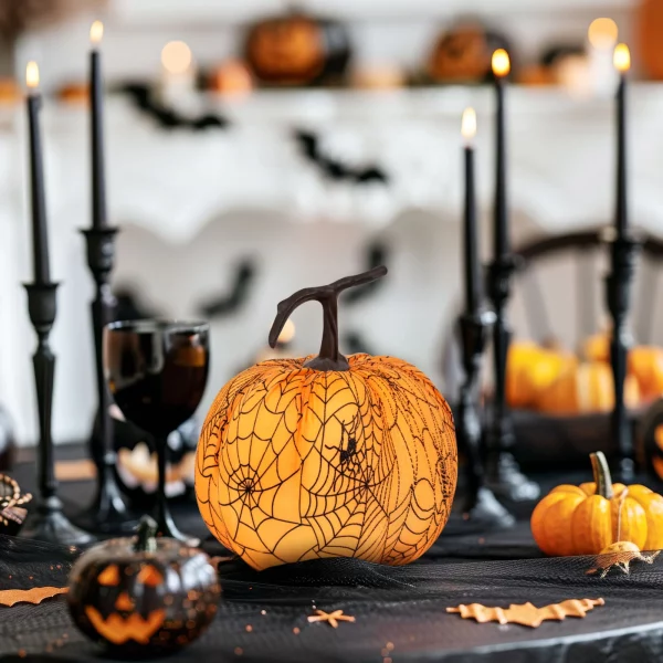 Halloween-i tök dekoráció - 16,5 cm - narancs, pókhálós - habszivacs Family 56540C