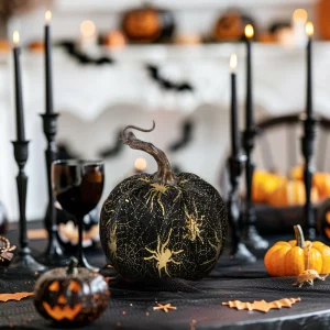 Halloween-i tök dekoráció - 11 cm - fekete, pókkal - habszivacs Family 56541B