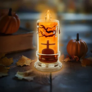Halloween-i LED gyertya dekoráció - sírkő - narancs LED - 3 x LR1130 - 5 x 5 x 10 cm Family 56567A