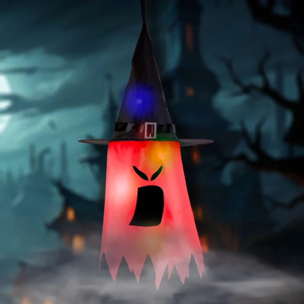 Halloween-i LED dekor - szellem - piros - 10 színes LED - akasztható - 2 x 2032 - 75 x 35 cm Family 56569A