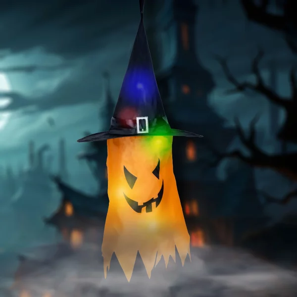 Halloween-i LED dekor - szellem - sárga - 10 színes LED - akasztható - 2 x 2032 - 75 x 35 cm Family 56569C
