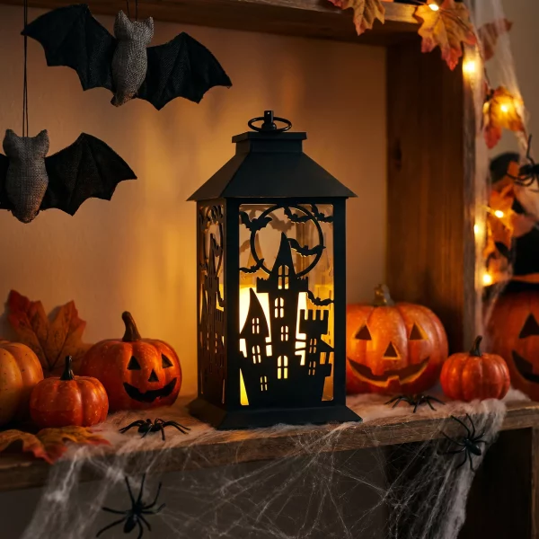 Halloweenová blikajúca lampáš - hrad - na batérie - čierna - 30 x 14 cm Bewello 56621A