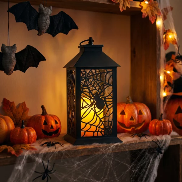 Halloween flickering lantern - spider - battery powered - black - 30 x 14 cm Bewello 56621B