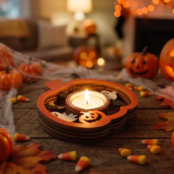 Halloween decoration - tealight holder - pumpkin - MDF - 11 x 11 x 1.8 cm Bewello 56641