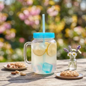 Szívószálas pohár - kék - 4 db hűthető jégkockával, 550ml, 17 x 7.5 x 13.5 cm 57160Q