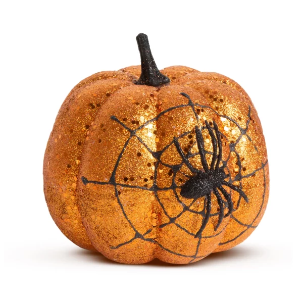 Halloween-i tök dekoráció - narancs glitteres - pókhálóval - 15 cm Family 58179A