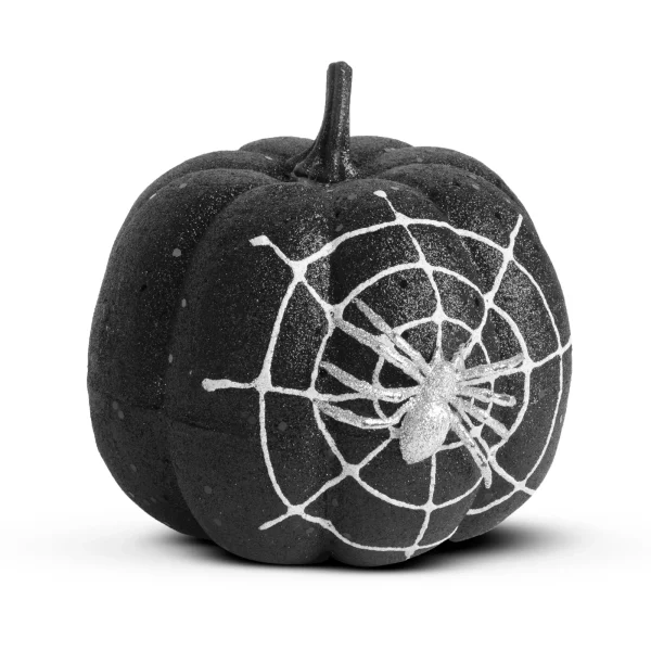 Halloween-i tök dekoráció - fekete glitteres - pókhálóval - 15 cm Family 58179B