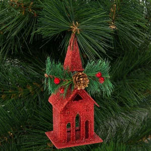 Karácsonyi glitteres templom akasztóval - 16 x 6,5 cm - piros Family 58677A