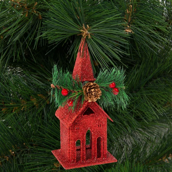 Karácsonyi glitteres templom akasztóval - 16 x 6,5 cm - piros Family 58677A