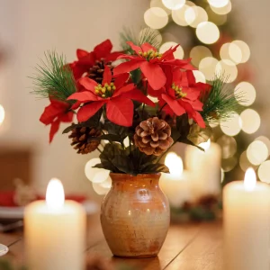 Poinsettia decoration – with 3 flowers and pine cone – dark red – 34 cm Bewello 58857