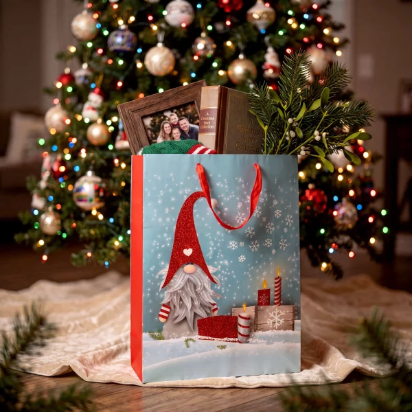 Christmas gift bag - gnome design with glitter - 31 x 42 x 12 cm - 2 styles - 12 pcs / pack Bewello 58873