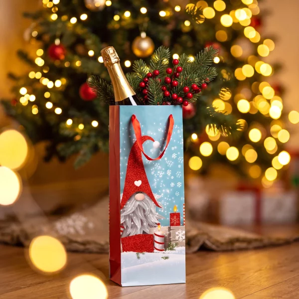 Christmas gift bag - gnome design with glitter - 13 x 36 x 9 cm - 2 styles - 12 pcs / pack Bewello 58874