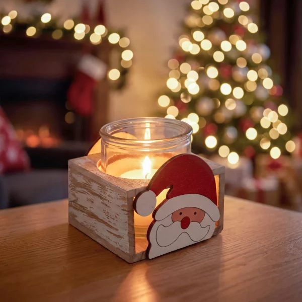 Christmas tealight holder - glass cup with wooden base - 10 x 9 cm - 3 styles Bewello 58877