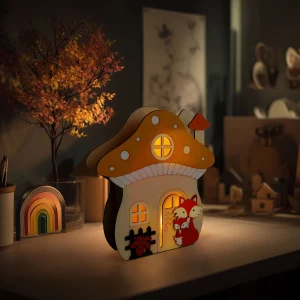 Világító dekoráció - gomba ház rókával - 15 x 16 x 5 cm - fából 59012B