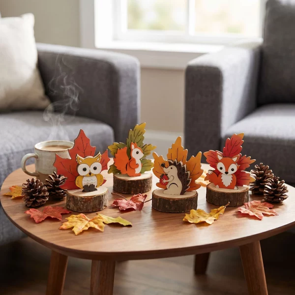 Table decoration - with MDF maple leaf and small animal - 9 x 7 x 11.5 cm - 4 variants Bewello 59044