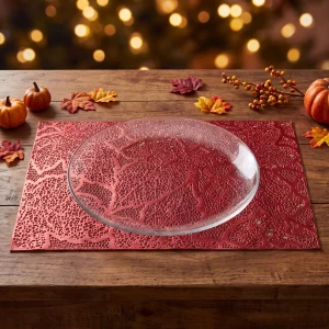 Placemat – leaf pattern – PVC – 45 × 30 cm – red Bewello 59051C