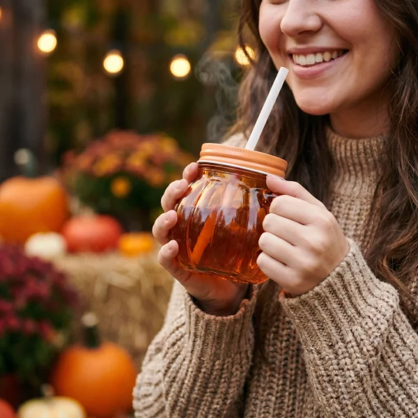 Glass cup – 3D pumpkin – with lid and straw – 350 ml Bewello 59054