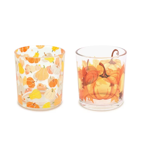 Votive candle holder - glass cup - pumpkin pattern - 7.5 x 8 cm - 2 types Bewello 59059