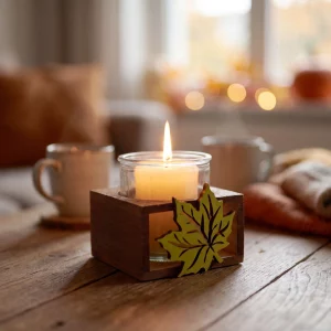 Votive candle holder - glass cup - with wooden base - 10.5 x 9.6 x 9 cm - 2 types Bewello 59060