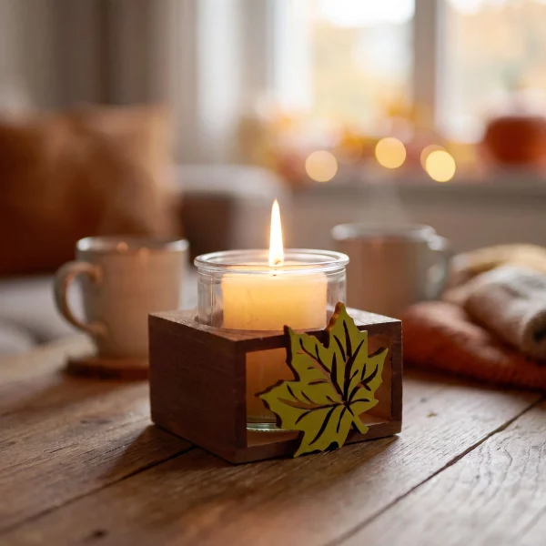 Votive candle holder - glass cup - with wooden base - 10.5 x 9.6 x 9 cm - 2 types Bewello 59060
