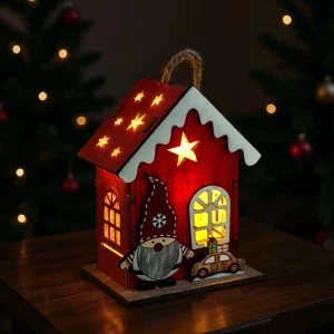Karácsonyi LED-es dekoráció - házikó manóval - melegfehér LED, piros - 7,5 x 5 x 10 cm - 2 féle 59746