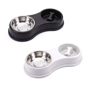 Feeding bowl set – stainless steel bowls – 38 x 18 x 6 cm – black, white Yummie 60056