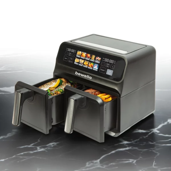 Olaj nélküli fritőz - XXL - 230V - 2200W - dupla kosár, színes érintőkijelző - 4+4 L Bewello BW1002D