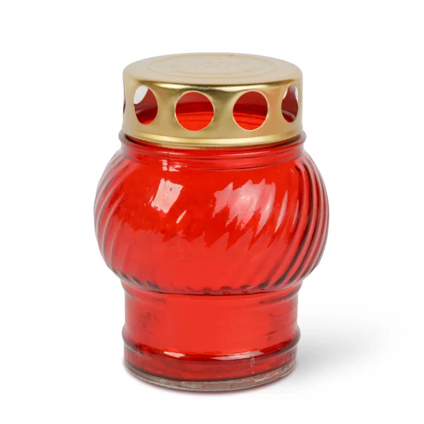 Üveg mécses fém kupakkal - 10 x 7 cm - üveg szín: piros, kupak szín: arany TW1011