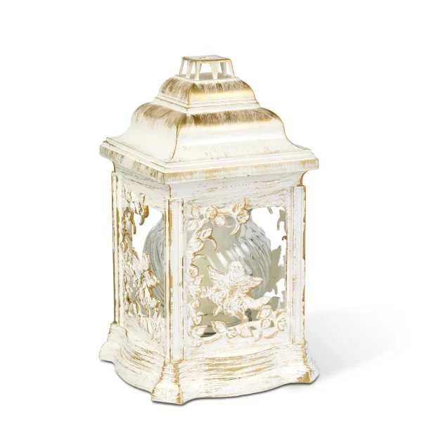 Műanyag katedra mécses angyal mintával, üveg mécsessel - fehér - arany antik - 25 x 13 cm TW1020